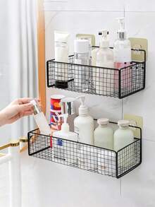 Drill-Free Iron Bathroom Storage Rack, Wall-Mounted Storage Basket, Multi-Functional Storage Shelf For Bathroom And Kitchen, Black Mesh Drill-Free, Black Mesh Drill-Free - A - View 6