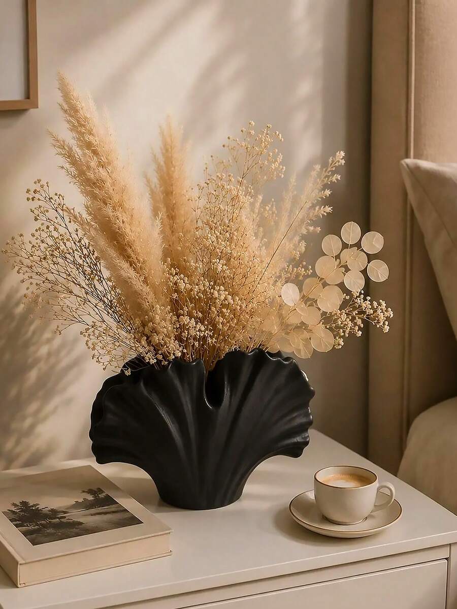 Black Ceramic Vase, Modern Bohemian Coastal Style Decor, Coral Pattern Decorative Vase, Suitable For Dried Reeds And Fresh Flowers, Living Room Coffee Table Ornament, Home Decor - A - View 1