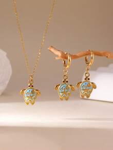 GEREIT 3pcs 18K Gold Plated Stainless Steel Drip Oil Sea Turtle Earrings & Necklace Set, Suitable For Beach Vacation Wear - Multicolor - View 5