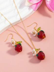 Set Kalung dan Anting Liontin Bunga Stroberi 3pcs/Set, Hadiah Liburan untuk Teman dan Sahabat Terbaik - Gaya 14 - View 4