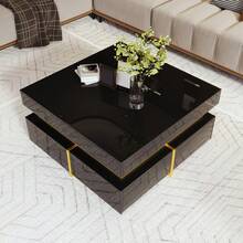 High-Gloss Coffee Table / Modern Coffee Table / MDF Living Room Table / Side Table With Drawers And Gold Accents / With Two Drawers / Easy To Clean And Assemble - Black - View 2