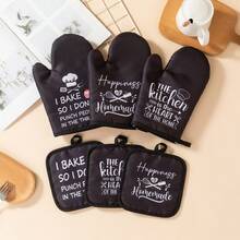 1. Oven Mitts & Pot Holders Set, Black Heat-Resistant Kitchen Mitts & "Happiness Is Homemade" Patterned Insulated Pads, Non-Slip Cotton Oven Mitts, Suitable For Baking, Cooking, Grilling - View 6