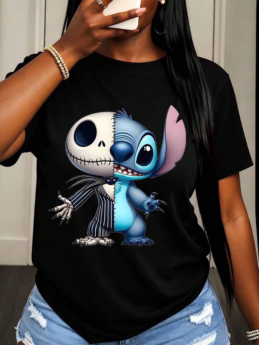 Disney Jack Skellington And Stitch Character Print T Shirt Women Casual Summer Fashion Streetwear Style - 黑色 - 查看 1