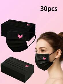 10/20/30pcs Cute Pink Heart Pattern Masks - Elastic Breathable Black Masks, Suitable For Women And Teens, Hand Washable, Fashionable Daily Accessory, Fun Design, Comfortable To Wear - Black - View 16