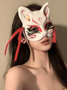 1pc Japanese Fox Mask, Half Face Cat Ear Mask With Tassel Decoration, Suitable For Halloween Cosplay, Masquerade, Party And Festival Celebration Chinese Style Hand-Painted Fox Mask Accessory - Multicolor - View 4