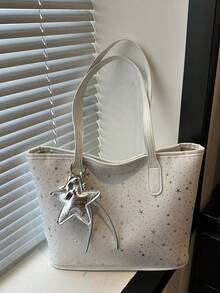 1 pièce Sac à épaule de mode pour femme avec imprimé étoile, sac fourre-tout portable polyvalent de grande capacité, convient pour les rendez-vous, les achats, les sorties, les voyages, livré avec un pendentif exquis - Blanc - Voir 12