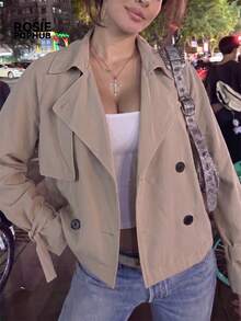 ROSIE POPHUB 女款杏色休閒寬鬆短版防風外套，時尚翻領腰帶設計優雅襯衫，適合夏季校園、日常、辦公穿搭 - 杏色 - 查看 4