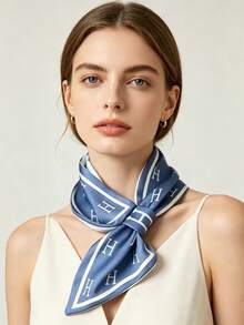 Moemton Neutral Blue H Logo Silk Scarf, Minimalist Border Neck Scarf, Understated Scandinavian Style Accessory - Blue - View 1