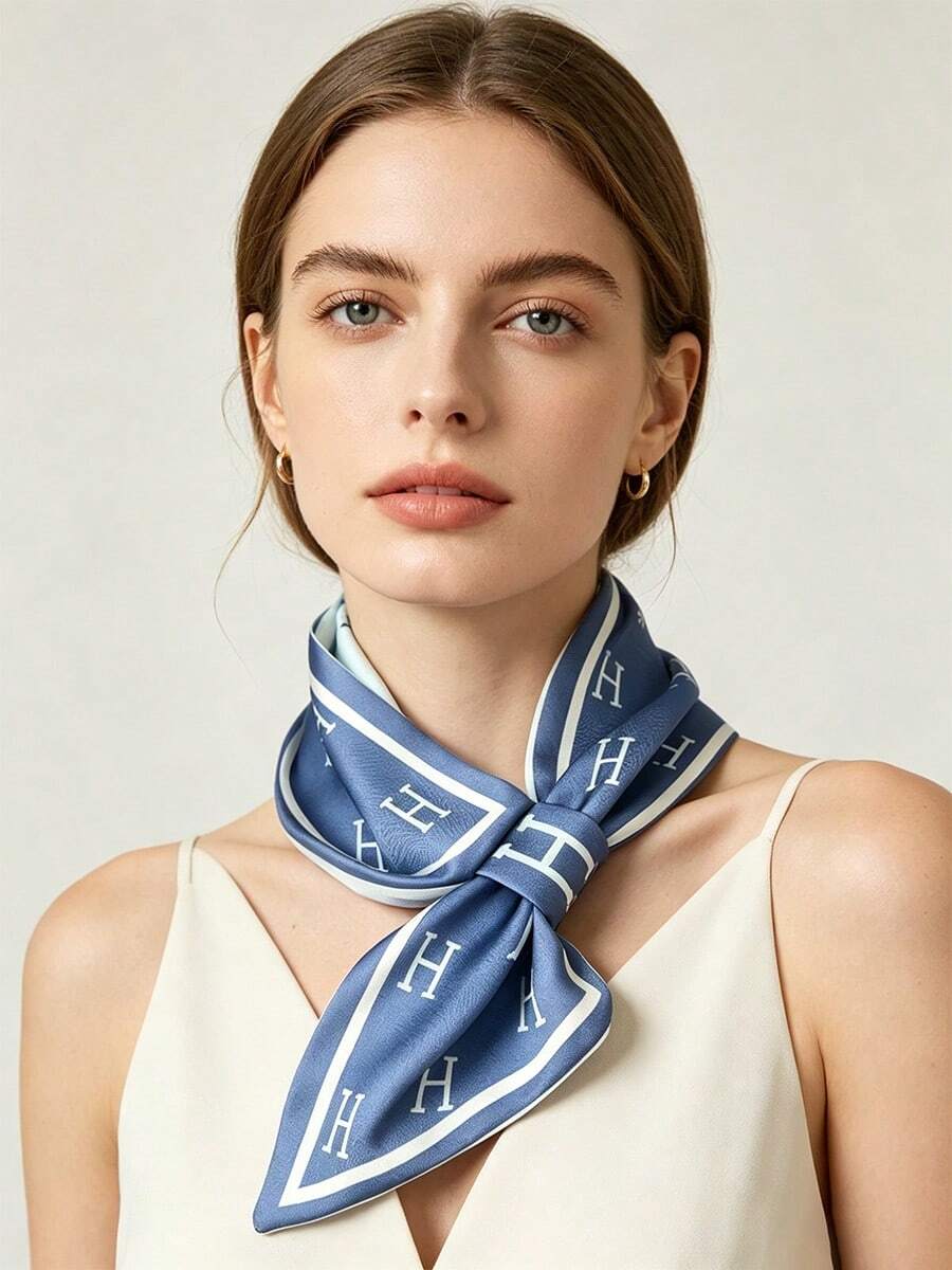 Moemton Neutral Blue H Logo Silk Scarf, Minimalist Border Neck Scarf, Understated Scandinavian Style Accessory - Blue - View 1