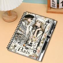 1 Set French Romantic Style 2D Cover Spiral Coil Notebook Set, Includes Exquisite Pen. 100 Pages Writing Space, High-Quality Paper. Cover Features Paris Scene And Fashionable Woman, Showcasing Elegant Style. Suitable For Back To School, Work, Study, Also A Thoughtful Gift For Graduation, Birthday, Can Be Used As Diary, Daily Planner, Memo, Recording Every Beautiful Moment. - E - View 5