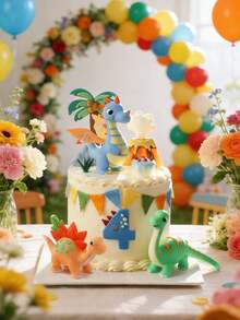 1pc Dinosaur Clay Cake Topper, Includes Volcano, Palm Tree And Number Topper, Jurassic Boy 1st Birthday Decoration, Not A Toy, Please Keep Away From Children Under 14 - Multicolor - View 5