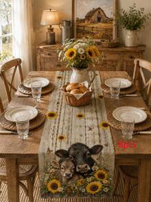 1pc Country Farm Sunflower Cow Table Runner, Pastoral Style, Spring/Summer Home Kitchen Decor, 1pc Table Runner, 4pcs Placemats, 1pc Pillow Case, Table Runner & Placemat Set, Multiple Product Combinations Available, Home Decor Indoor/Outdoor Party Supplies, Room Decor. Suitable For Spring/Summer Home Kitchen Decor And Party Decor - Multicolor - View 16