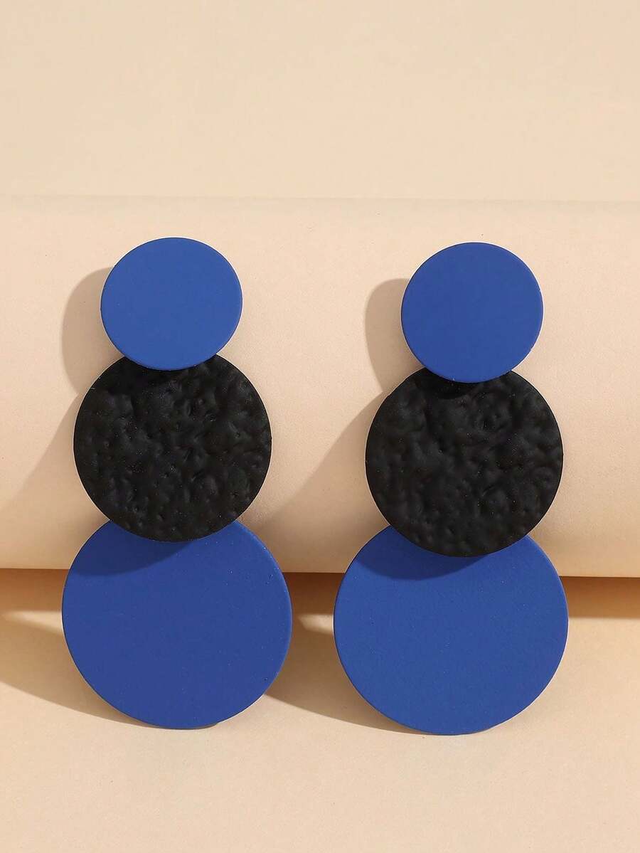1 Pair Round Embossed Stud Earrings, Versatile For Women's Daily Wear - Blue Black Blue - View 1