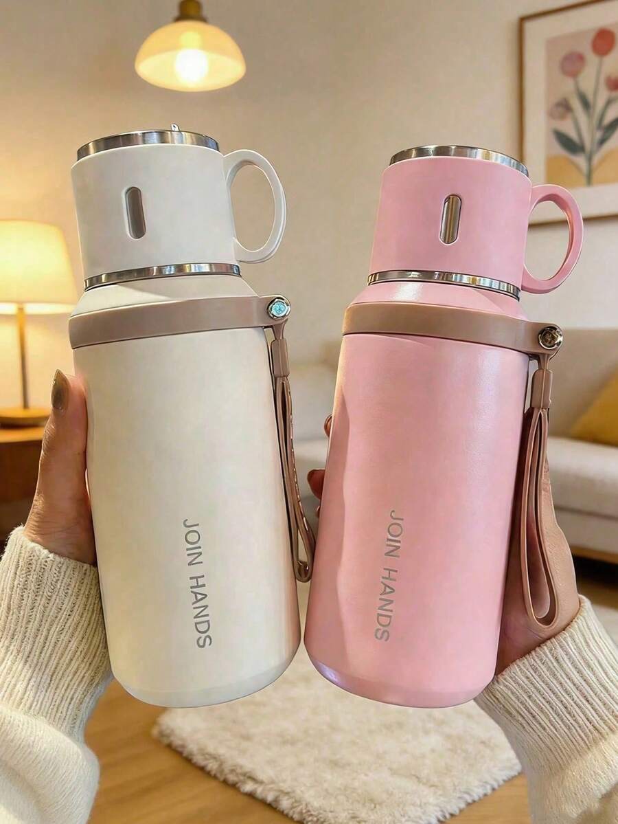 600ml/304不鏽鋼真空保溫水瓶，附2合1杯蓋/飲水杯與繩柄，可清洗，適用熱飲與冷飲，適合露營、用餐與辦公室使用，情人節與生日理想禮物