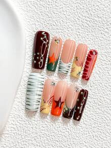 10Pcs Y2K Style Handmade Press On Nail,Polygel Nail Set,Stars,Green, Brown, Yellow And White Nail Polish,Natural Style,Includes Nail Tools,3 Sizes Available,Almond Nails , Duck Nails,Coffin Nails For Party, Dance, Daily Wear. - 彩色 - 查看 12