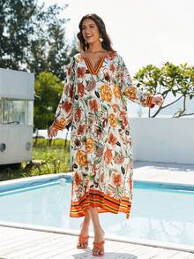 Plus Size Floral Print V Neck Batwing Sleeve Kaftan Dress Loose Flowy Maxi Beach Cover Up For Summer Wedding Vacation Party Lounge Wear - Orange - View 5