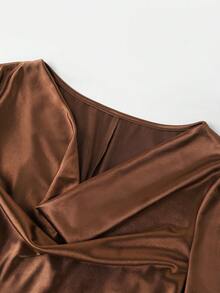 Elegant French Style Solid Color Retro Party Dress For Women, Asymmetrical Design, Sophisticated Party Dress - Rust Brown - View 6