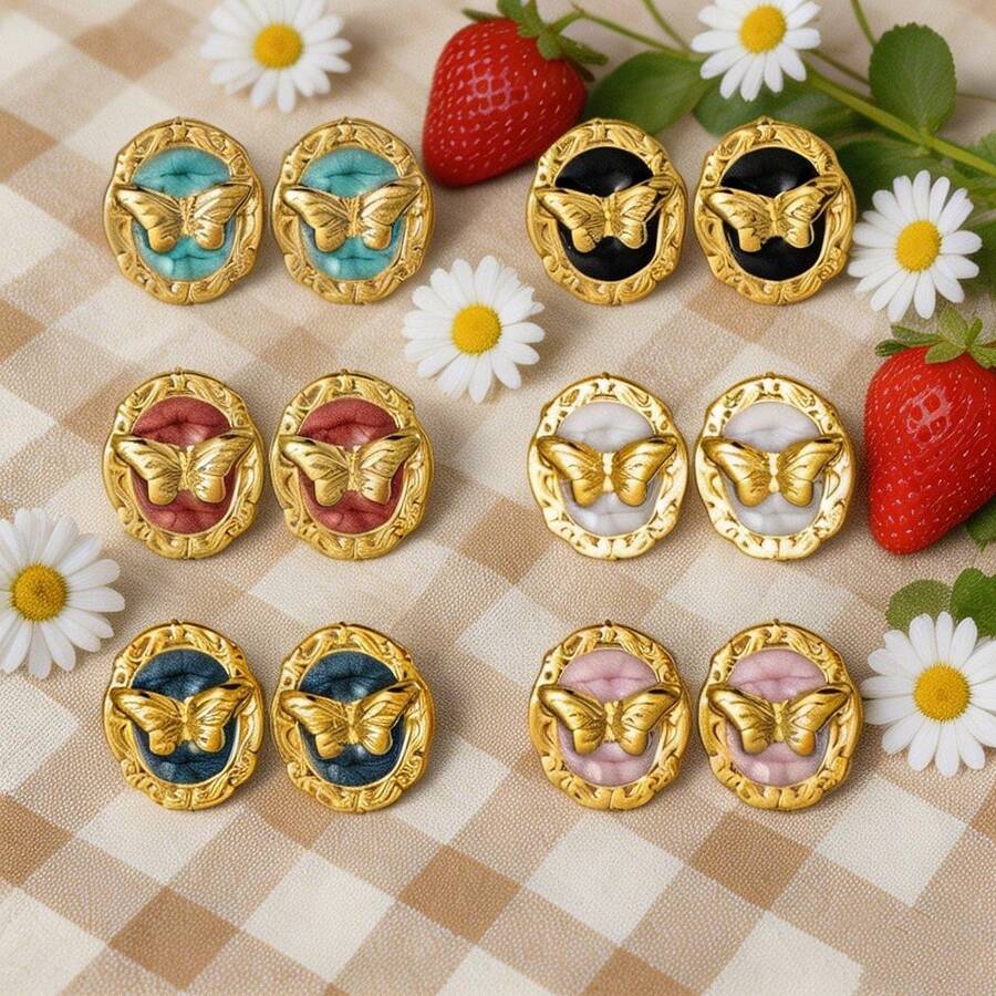 Pendientes de botón con mariposa 3D estilo vintage francés para mujer, diseño de relieve ovalado con borde dorado, múltiples colores disponibles, estilo premium de nicho, accesorio para atuendo de verano - Multicolor - Ver 1