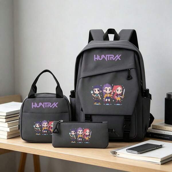 Miniso 灰色 HUNTRAX Q版遊戲角色印花背包套裝，3件組學校書包含午餐袋與鉛筆盒，輕量旅行日用背包，適合男孩女孩