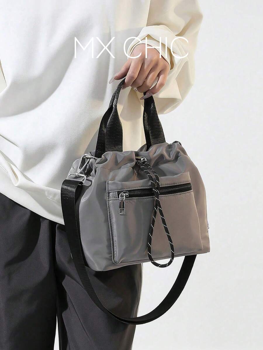 女士休闲尼龙防水纯色水桶包、手提包和单肩斜挎包 - 灰色 - 查看 1