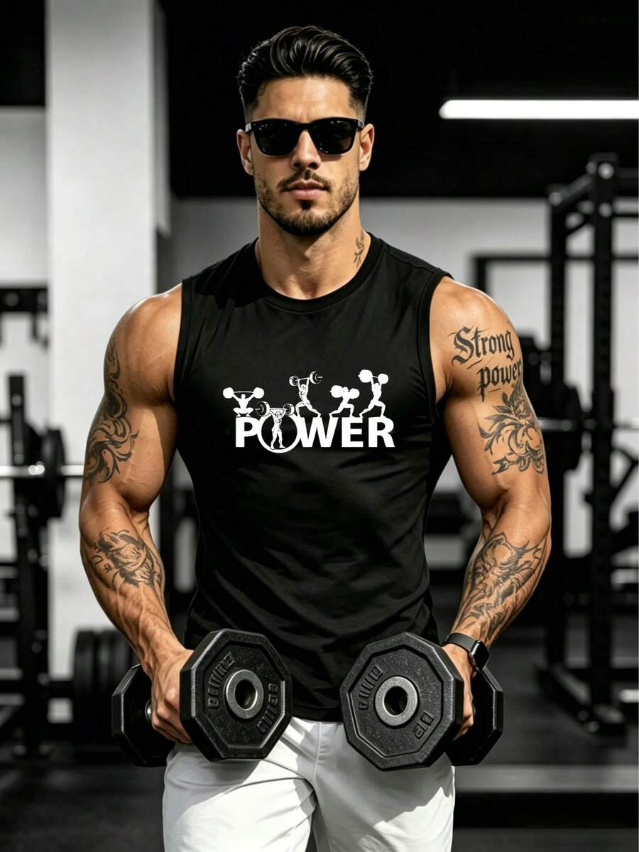1pc Men's Polyester Sleeveless Tank Top With "POWER" Letter And Weightlifting Silhouette Print, Soft Breathable Loose Round Neck Muscle Fit Gym Top, Adult Men's Fitness Training Daily Sports Wear, Basic Apparel, Suitable For Sports Enthusiasts - Black - View 1