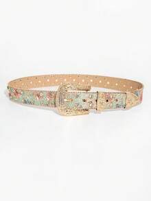 1pc Men's Western Style Matte Engraved Belt, Summer Versatile Jeans Accessory, Western Cowboy Rhinestone Buckle Belt, Floral Jacquard Strap, Exaggerated Athletic Style - Light Green - View 5