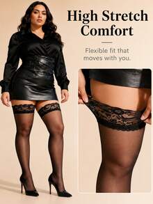 1 Pair Women's Lace Trim Ultra Thin Thigh High Stockings, High Stretch Over The Knee Socks For Daily Wear & Nightclub - Black - View 4