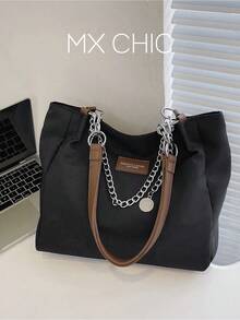 Women's Solid Color Chain Decor Shoulder Bag, Minimalist Lightweight Large Capacity Shopping Bag For Daily Office Work And Travel - Black - View 1
