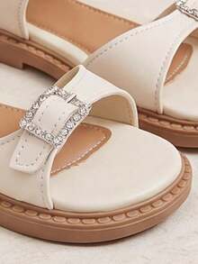 Hot New Arrival - 3-12 Years Old Girls Lightweight White Sandals. Square Rhinestone Buckle. Hook And Loop Design. Transparent Elegant Style. - Beige - View 5