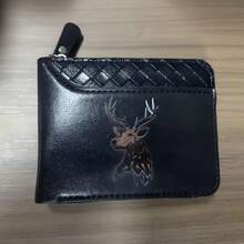 男士精巧鹿紋拉鍊錢包，PU皮革卡片收納，輕量日常便攜零錢包，完美禮物 - 彩色 - 查看 8
