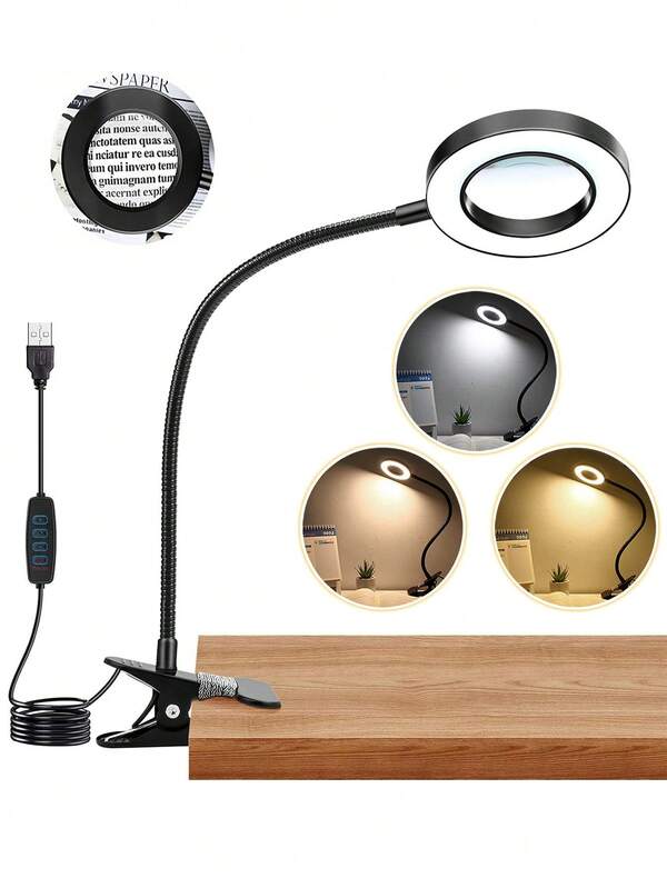1 pieza Lupa 10X con Luz, Lupa con Clip con Luz, Entrada USB 5V, Lámparas LED de Aumento con 3 Modos Atenuables para Cama, Trabajo, Manualidades, DIY y Reparación
