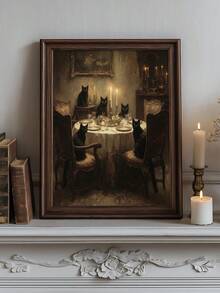 1pc Gothic Black Cat Dinner Party Art, Dark Academia Cat Moody Victorian Animal Painting, Ideal Gift,Suitable For Bedroom,Living Room,Kitchen,Wall Arts,Wall Decor,Home Decor,Room Decor,Canvas Wall Art,Posters, Wall Art With Frame, Optional Frame - 1PCS - View 3