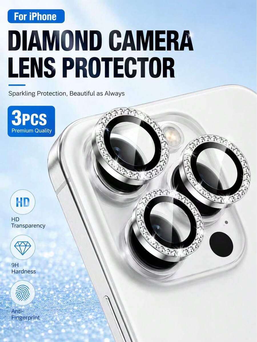 3片裝水鑽相機鏡頭保護膜，相容 iPhone 17/17Air/17pro/17promax/16/16pro/16plus/16promax/16 14 Pro/14 Pro Max/15/15Pro/13/12/11/Pro/Promax，亮面金屬水鑽環圈設計，9H 硬度防刮，時尚手機配件，適用於手機殼（銀色水鑽）