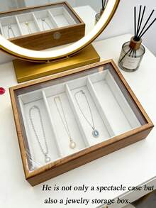 1 pieza Caja organizadora de gafas de moda con 4 ranuras, estuche de almacenamiento de gafas de madera con tapa de acrílico transparente, caja de almacenamiento de gafas, soporte para gafas con forro de terciopelo, estuche de exhibición a prueba de polvo para tocador, armario, tocador, organización del hogar, regalos para hombres, regalos para mujeres, decoración de dormitorio, vuelta a la escuela - Multicolor - Ver 10