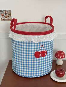 Blue And White Plaid Cherry Embroidered Storage Basket With Lace Trim, Handheld Laundry And Miscellaneous Organizer Bin - Multicolor - View 6