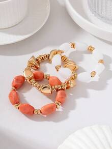 3pcs Pink Resin Beads Bracelet Set - Stackable Gold Tone Asymmetrical Stone Elastic Bracelets, Bohemian Style Stackable Women's Jewelry Gift - Orange-white - View 2