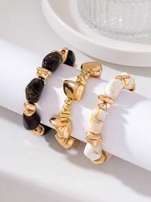 Set Gelang Manik Resin Merah Muda 3 Buah - Gelang Elastis Batu Asimetris Warna Emas yang Dapat Ditumpuk, Perhiasan Wanita Gaya Bohemian yang Dapat Ditumpuk, Hadiah Perhiasan Wanita - Hitam dan Putih - View 5