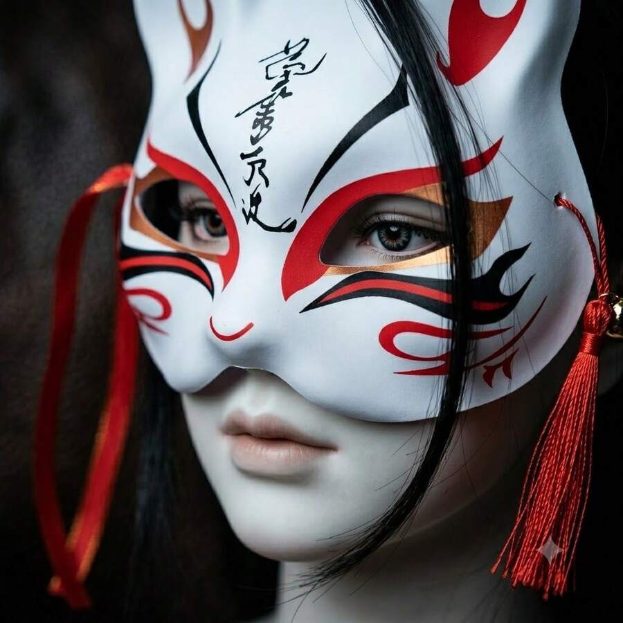 1pc Japanese Fox Mask, Half Face Cat Ear Mask With Tassel Decoration, Suitable For Halloween Cosplay, Masquerade, Party And Festival Celebration Chinese Style Hand-Painted Fox Mask Accessory - Multicolor - View 1
