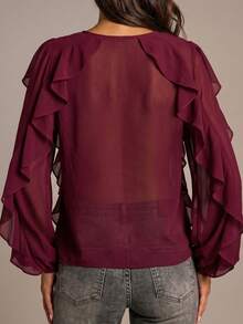 Blusa romántica de gasa con volantes en color vino tinto, camisa transparente con cuello en V y abotonadura, con puños con volantes en capas, informal y formal, ligera - Burdeos - Ver 7