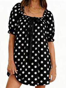 Women Puff Sleeve Nightdress White Black Dotted Print Geometric Neck Sleepwear With Long Ribbon Bow Short Sleeve Pajama Dress - 黑色 - 查看 4