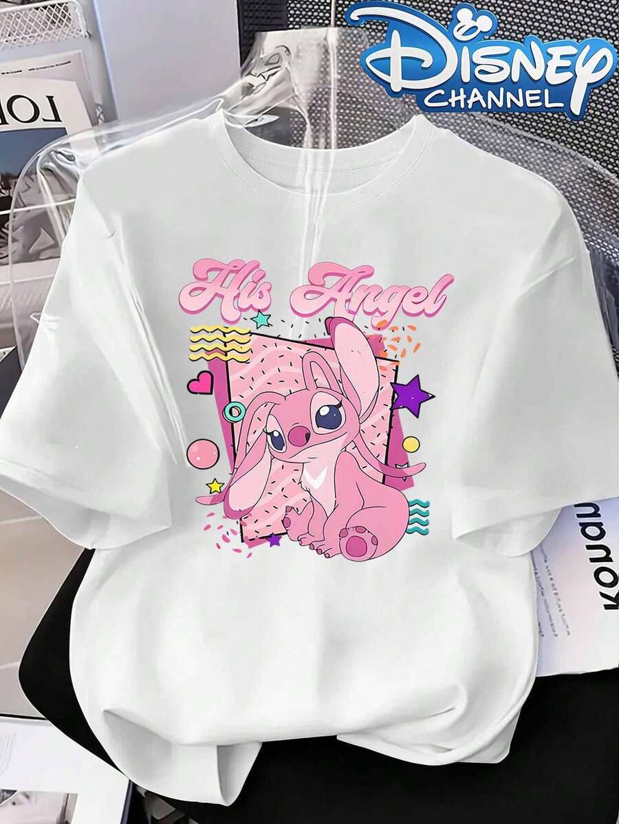 Disney Lilo & Stitch Angel "His Angel" Retro Colorful Print Crew Neck Tee, Sweet Couple Casual Top - 白色 - 查看 1
