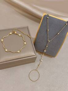 Women's Elegant Small Gold Bead Wave Style Finger Chain Bracelet Set, Zirconia Bracelet, Suitable For Travel, Vacation, Holiday Jewelry Gift - Multicolor - View 4