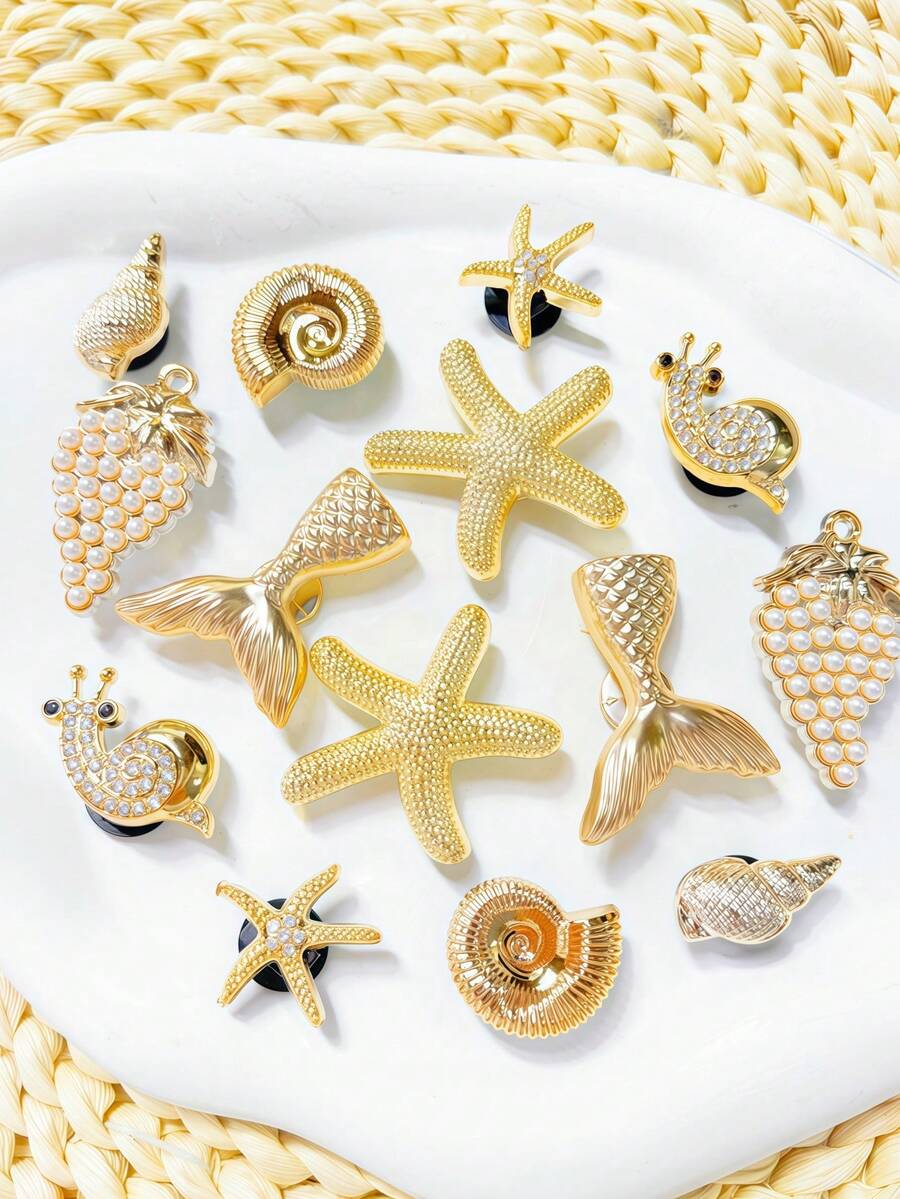 20件米色鞋飾(海星、花朵、貝殼、蝴蝶結)適用於洞洞鞋DIY裝飾配件,完美搭配單品,生日、節日、派對最佳禮物選擇 - 金色14pcs - 查看 1