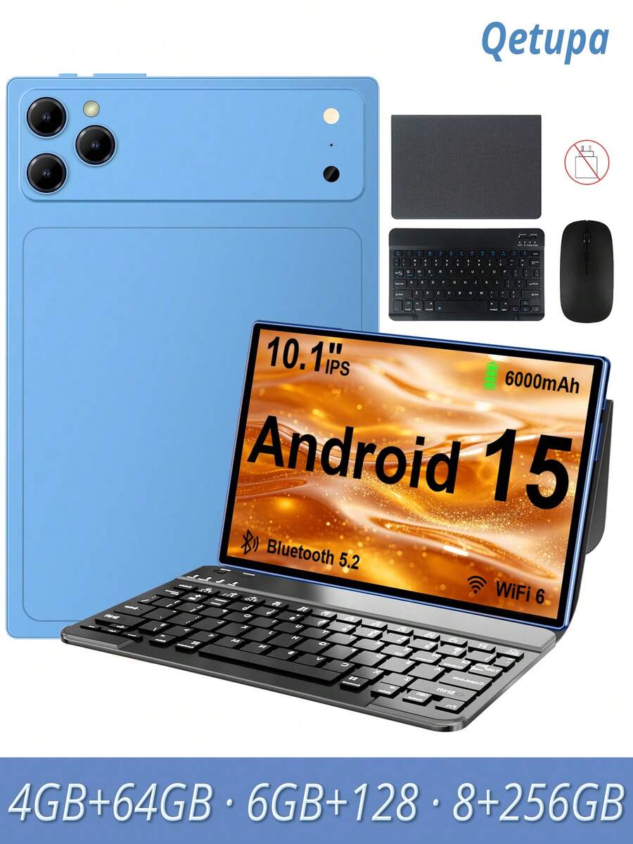 Qetupa Android 15 10.1英寸平板电脑,配备保护套、键盘和鼠标,8GB RAM + 256GB ROM(支持1TB SD卡扩展),MTK6771八核2.0GHz处理器,高清(1280x800) IPS触控屏,500万像素前置摄像头和800万像素后置摄像头,6000mAh电池,蓝牙5.2,802.11ax Wi-Fi 6,GPS - 淺藍色 - 查看 1