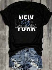 Women's New York-Themed T-Shirt, 100% Black, 180 Grams, Casual Round Neck, Short Sleeves, Regular Fit, Suitable For The Office, Dates, Going Out, Urban Hip-Hop Style - 黑色 - 查看 1