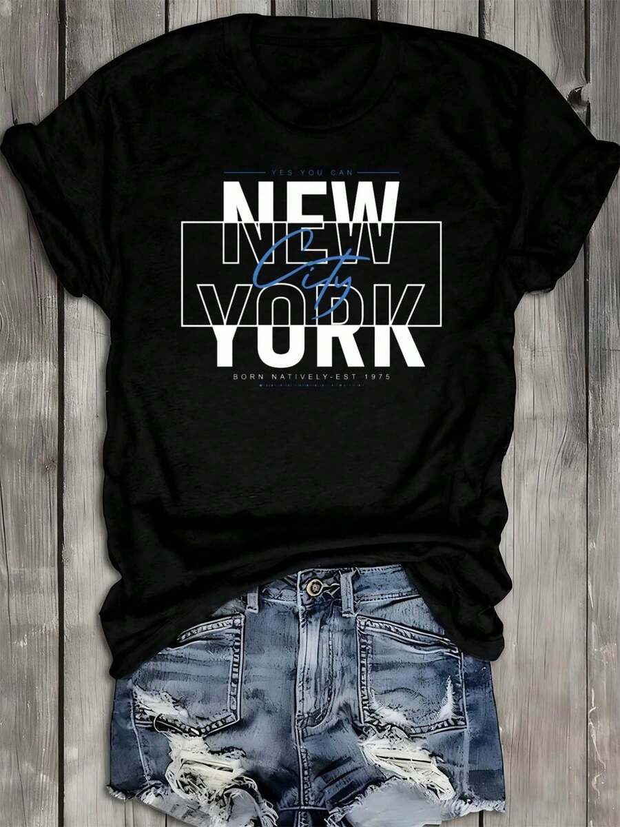 Women's New York-Themed T-Shirt, 100% Black, 180 Grams, Casual Round Neck, Short Sleeves, Regular Fit, Suitable For The Office, Dates, Going Out, Urban Hip-Hop Style - 黑色 - 查看 1
