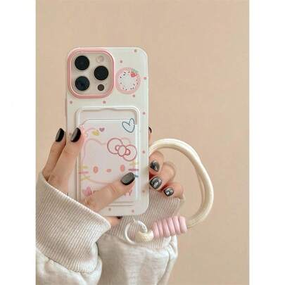 SANRIO Capa de Telefone com Porta-Cartão e Cordão Hello Kitty Fofo com Poá Rosa Cartoon 3D Estilo Ins Verão, Compatível com Apple 16 Pro Max/15 Pro Max/11/12/14 Pro/13, Capa Protetora de Corpo Inteiro com Casca Macia e À Prova de Choque para Mulheres