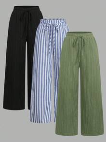 Set Of 3 High-Waisted Loose Straight-Leg Trousers With Drawstring And Pockets, Solid Color And Versatile, Suitable For Spring/Summer - Burgundy - View 1
