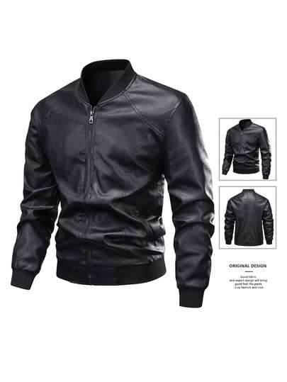 Men's Fashion Casual Zipper Leather Jacket, Spring/Autumn/Summer Racing Motorcycle Style Sports Black
