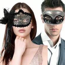 2pcs Unisex Shiny Venetian Style Plastic Masks, Black & Gold Color, Lightweight & Comfortable, Suitable For Halloween, Masquerade Or Theme Events - Multicolor - View 10